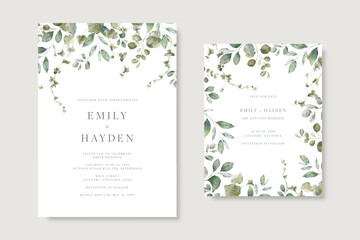 Fototapeta premium Greenery wedding invitation and save the date template card set with watercolor botanical leaves and vines on a white background