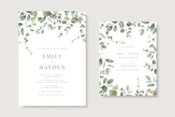 Greenery wedding invitation and save the date template card set with watercolor botanical leaves and vines on a white background © momosama