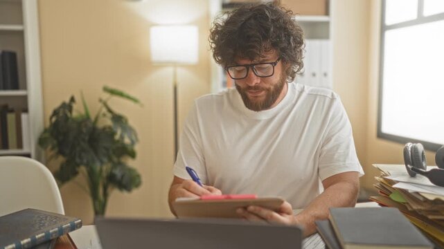 Man covering face with hands amid books, papers, glasses and headphones at a desk in a building; fatigue study.