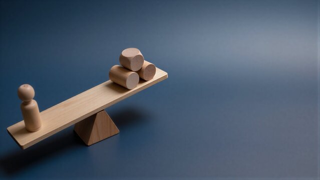 Wooden seesaw balances a figure and cylinders, symbolizing weighty decisions.