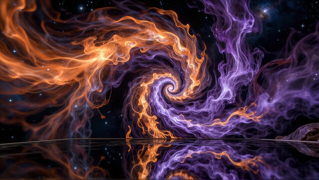 Vibrant cosmic swirls of orange and purple reflect in calm water under starry sky.