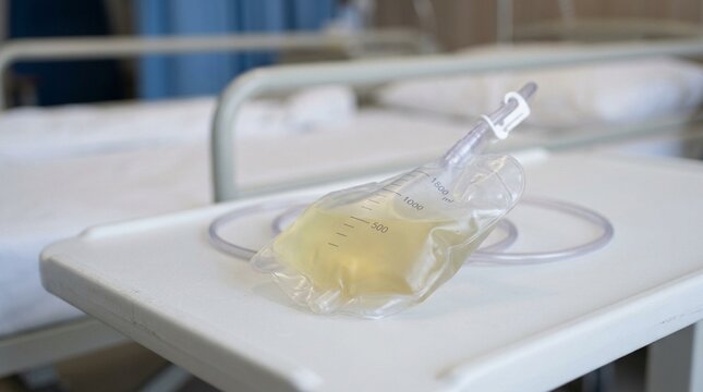 Catheter bag drainage resting beside the hospital bed frame &ndash; Medical Supply Stock Photo, No People