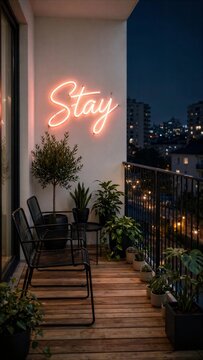 Balcony Chair With Neon Stay Sign at Night