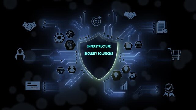 Advanced infrastructure security solutions digital shield concept with glowing cyber network connectivity and data protection technology infographic for enterprise cybersecurity presentations