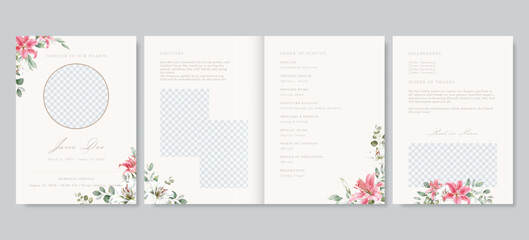 Naklejka na ściany i meble Elegant floral funeral program template, pink Lilium Sorbonne and leaves memorial service vector