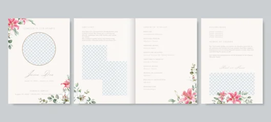 Elegant floral funeral program template, pink Lilium Sorbonne and leaves memorial service vector © momosama