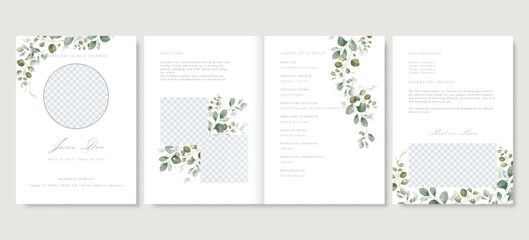 Naklejka premium Elegant floral funeral program template, green leaves memorial service vector