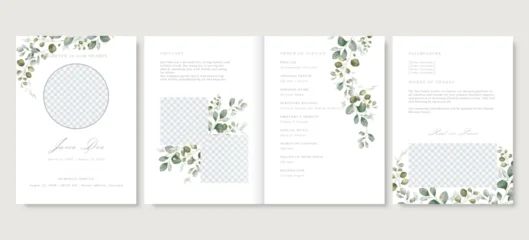Elegant floral funeral program template, green leaves memorial service vector © momosama