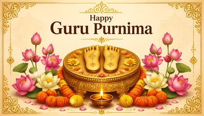 Naklejka premium Happy guru purnima greeting with traditional paduka sandals and flowers