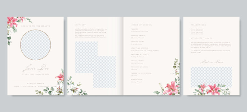 Elegant floral funeral program template, pink Lilium Sorbonne and leaves memorial service vector