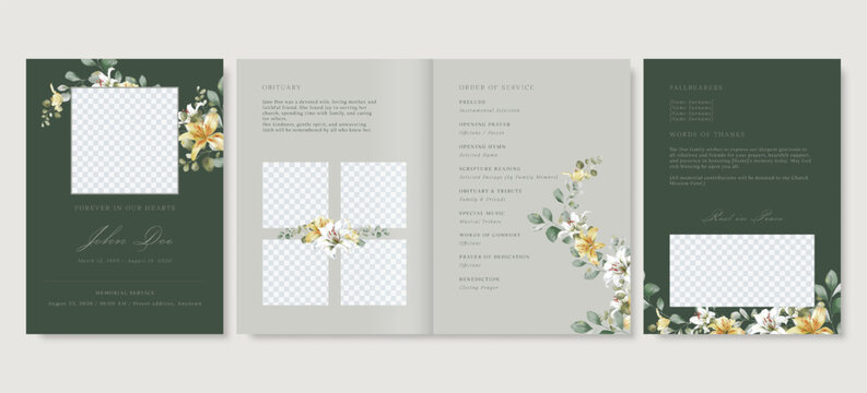 Elegant floral funeral program template, lilies and green leaves memorial service vector