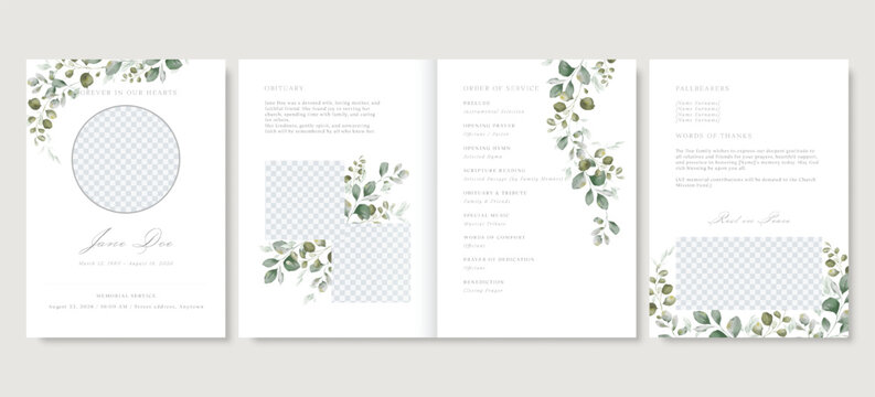 Elegant floral funeral program template, green leaves memorial service vector