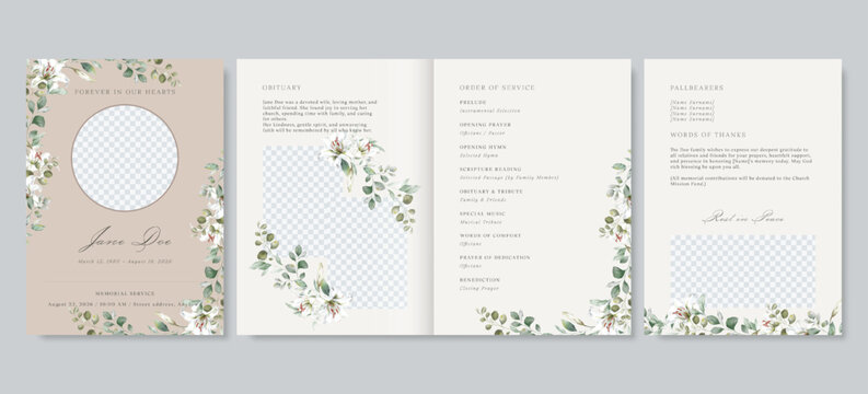 Elegant floral funeral program template, white casablanca lily and leaves memorial service vector