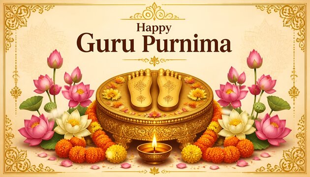 Happy guru purnima greeting with traditional paduka sandals and flowers