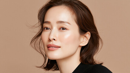Fototapeta premium 美容, 女性, スキンケア, 化粧品, ビューティー, 若い女性, 美肌, 日本人, アジア人, フェイシャル, メイク, 美容液, 保湿, クリーム, エイジングケア, 美容医療, エステ, 美容クリニック, 肌ケア, ナチュラルメイク, 透明感, ツヤ肌, モデル, 笑顔, ポートレート, クローズアップ, リラックス, 癒し, 健康的, 美白, コラーゲン, ヒアルロン酸, アンチエイジング