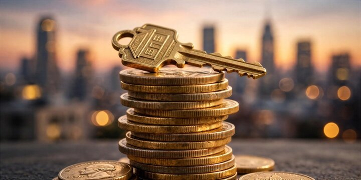 House Keys Resting on Stacked Coins at Sunset