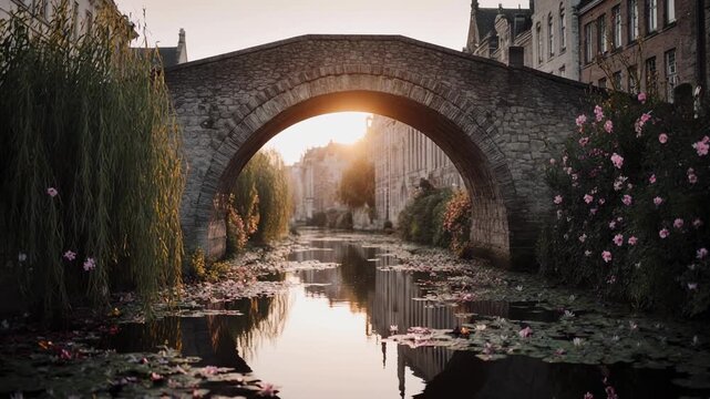 Golden Sunset Over Historic Stone Bridge Arch Over Calm Canal.