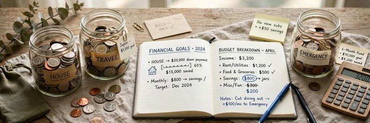 Fototapeta premium Household Savings Jars With Financial Goals Notebook