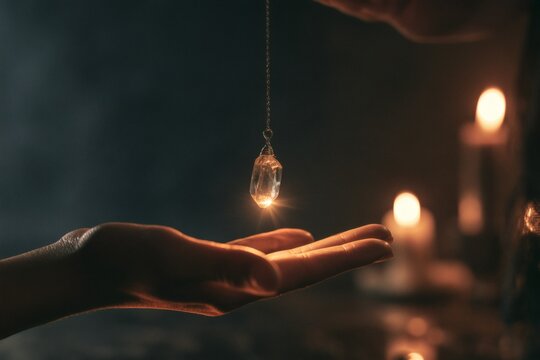 Crystal Pendulum Divination Over Open Palm in Candlelight