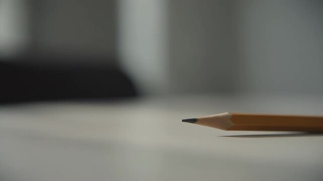 Close-up of a sharp wooden pencil resting on a desk with a soft blurred background.