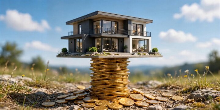 Modern House Sitting on Tall Stack of Coins