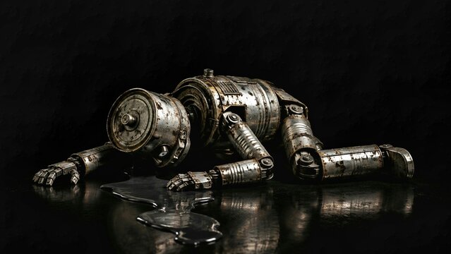 Fallen Metal Can Robot Lying with Oil Spill &mdash; Exhaustion, Failure and Industrial Waste Concept