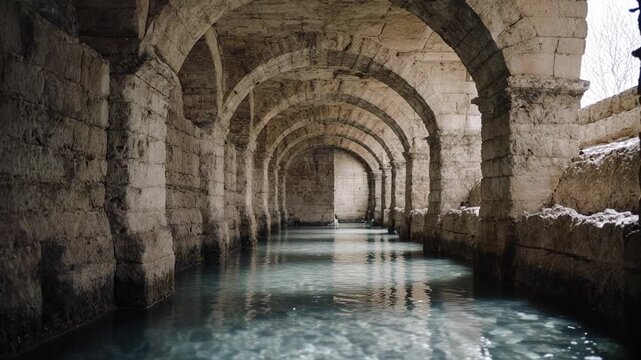 Ancient Stone Arch Corridor Over Water Aqueduct.
