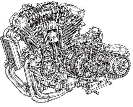 V-twin motorcycle engine, motorcycle engine cutaway, engine cutaway diagram, V-twin engine, motorcycle engine, internal combustion engine, engine components, mechanical engineering, automotive enginee