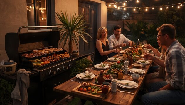 Backyard Barbecue Bliss: A group of friends and family enjoy a delightful outdoor dinner party, gathered around a long wooden table laden with food, under a canopy of warm string lights.