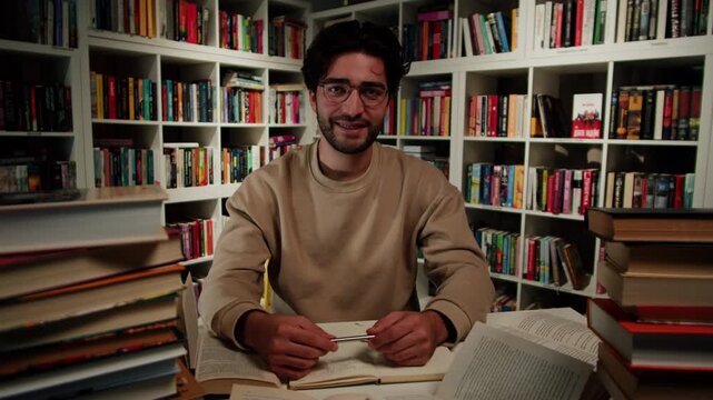Man reading Book in University Library, Book Shop or Store, Spanish Student Wearing Glasses Standing near Bookshelf Reads Book and Exam Preparations. 