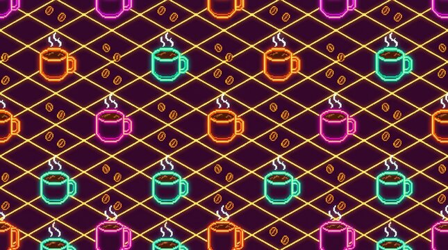 Seamless neon glowing pixel art coffee cups and beans pattern on a dark background for cafe and coffee shop design concept
