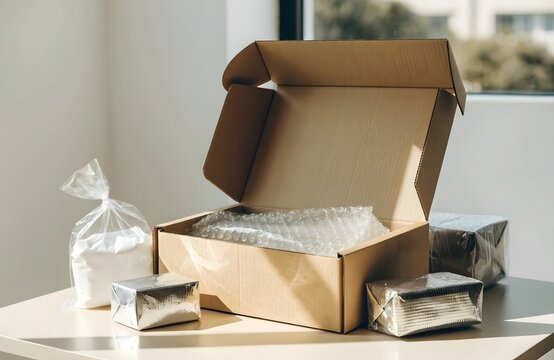 Open cardboard delivery box with bubble wrap and packaged products on a table