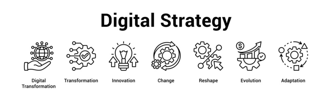 Digital Strategy web banner icon vector illustration concept for business with icon of Digital Transformation, Transformation, Innovation, Change, Reshape.