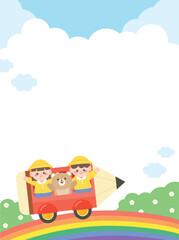 Naklejka premium Cute Kindergarten Children Pencil Frame with Clouds and Blank Copy Space