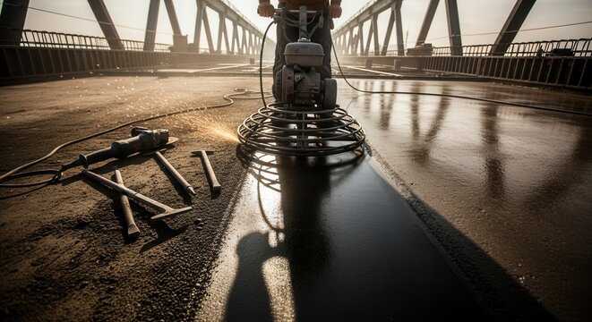 Industrial Construction Worker Polishing Concrete Surface With Power Trowel Machine High Demand