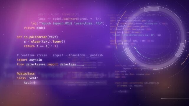 Programming source code scrolling with rotating HUD ring on purple technology background