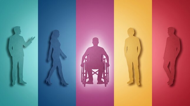 A diverse group of five individuals represented as silhouettes against a vibrant, multi-colored background, symbolizing inclusivity and unity