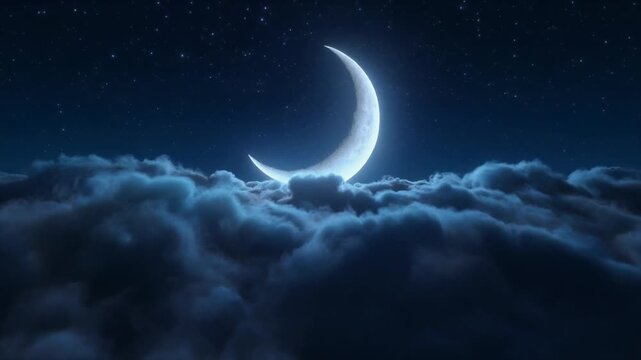 A glowing crescent moon shines brightly above a thick layer of dark blue clouds in a starry night sky.