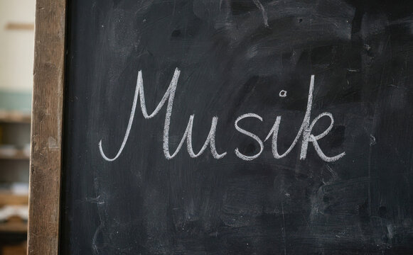 Musik geschrieben mit Kreide an einer Schultafel fur den Musikunterricht