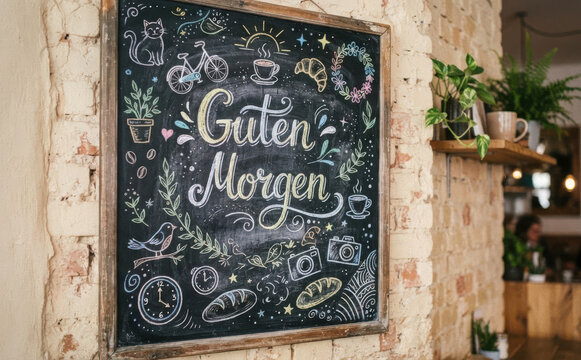 Guten Morgen Kreidetafel in einem Cafe mit Kaffeetasse und Gebaeck f&uuml;r Fruehstueck und Gastronomie