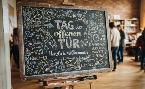 Tag der offenen T&uuml;r Kreidetafel Schulveranstaltung Willkommen Schulanfang