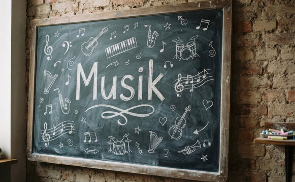 Musik Tafeltag Tafelbild mit Instrumenten und Noten fuer Bildung und Unterricht