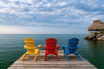 Fototapeta premium Three colorful Adirondack chairs sit on a wooden pier overlooking the ocean under a cloudy sky. A perfect concept for summer vacation and travel relaxation.