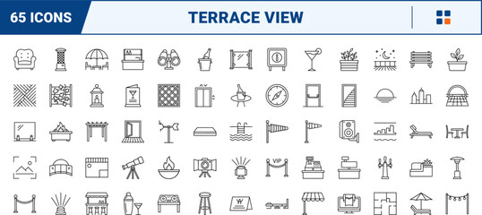 Naklejka premium Rooftop Venue View line icon set. Vector pictograms of terrace, skyline, bar, and lounge elements, thin linear illustration.