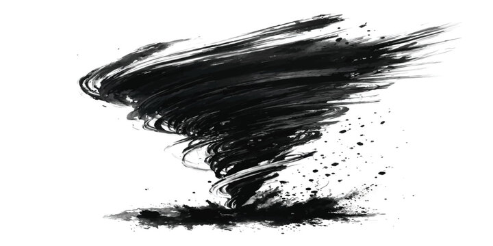 Dark ink brush painting of a violent tornado funnel isolated on a white background with hurricane disaster illustration isolated abstract powerful catastrophe destructive movement rotation