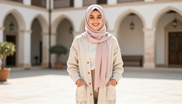 Confident Muslim woman in pink hijab and cardigan standing in courtyard with Mediterranean architecture background