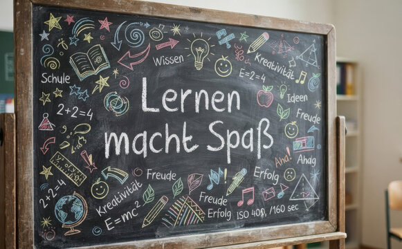 Lernen macht Spa&szlig; Schulschiefertafel mit Kreidezeichnungen und Bildungskonzept f&uuml;r Schule und Unterricht