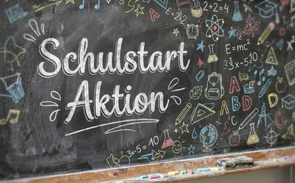 Schulstart Aktion - Schulanfang Schult&uuml;te Schiefertafel Bildung Konzept f&uuml;r Werbung und Plakate