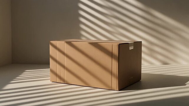 A closed brown cardboard box sits in warm sunlight with shadows from window blinds.