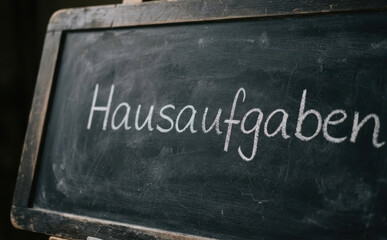 Fototapeta premium Hausaufgaben auf Tafel geschrieben fur Bildung und Schule in einem Klassenzimmer